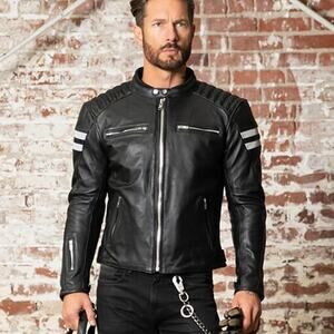 Viking Cycle Motorcycle Leather Jacket‎ Bloodaxe Black Full Zip Biker Sz M